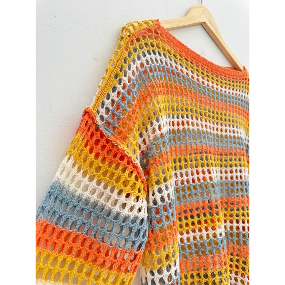 Striped Open Weave Crochet Sweater Oversized Boho Multicolor